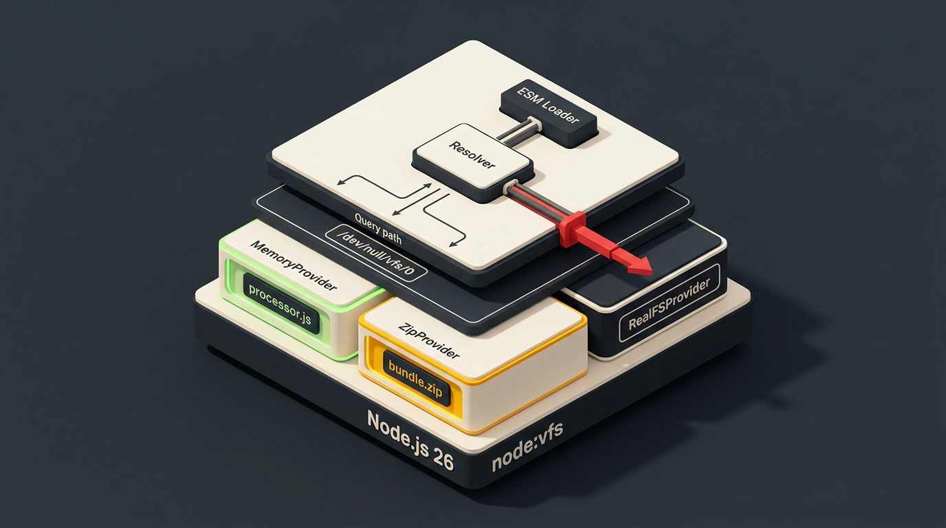 Архитектурная изометрическая модель подсистемы node:vfs в Node.js 26 с разделением резолвера путей и провайдеров хранилища в памяти и архивах на графитовом фоне.