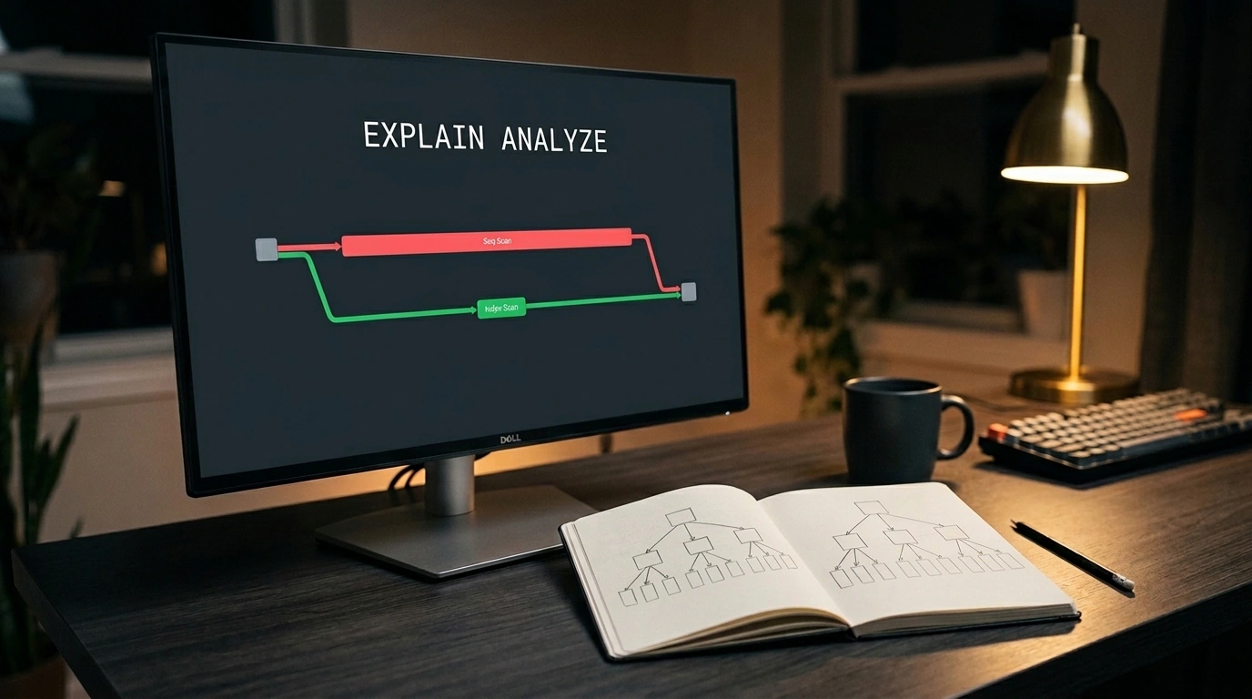 Инженерный натюрморт рабочего стола с экраном профилировщика EXPLAIN ANALYZE, графиком стоимости запроса и деревом индексов B-Tree на фоне теплой лампы.