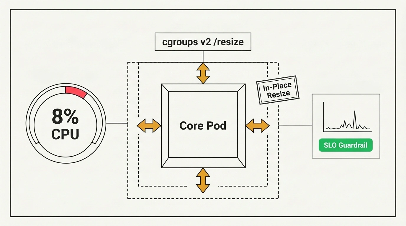 Стилизованный чертёж-схема динамического изменения ресурсов пода Kubernetes In-Place Pod Resize со шкалой утилизации процессора 8%.