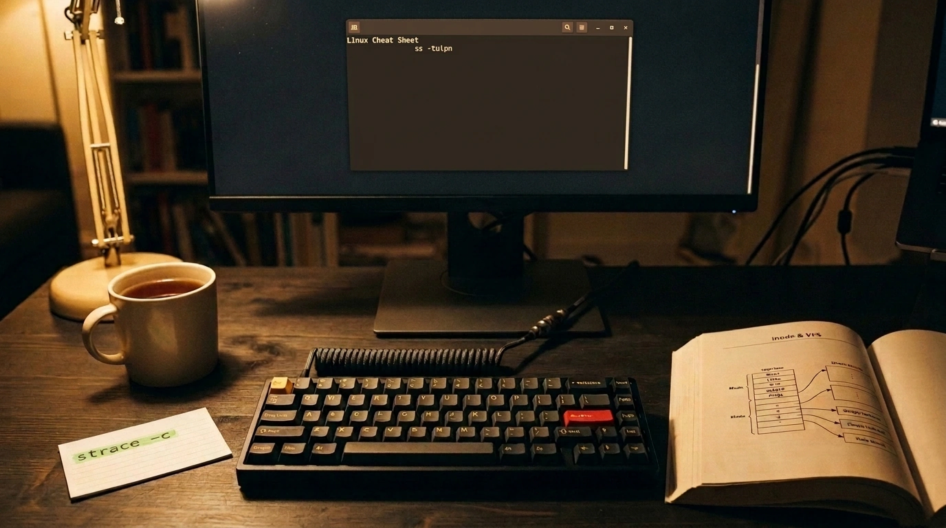 Натюрморт рабочего места системного инженера с терминалом отладки ядра Linux, справочником Linux Cheat Sheet и карточками системных вызовов.