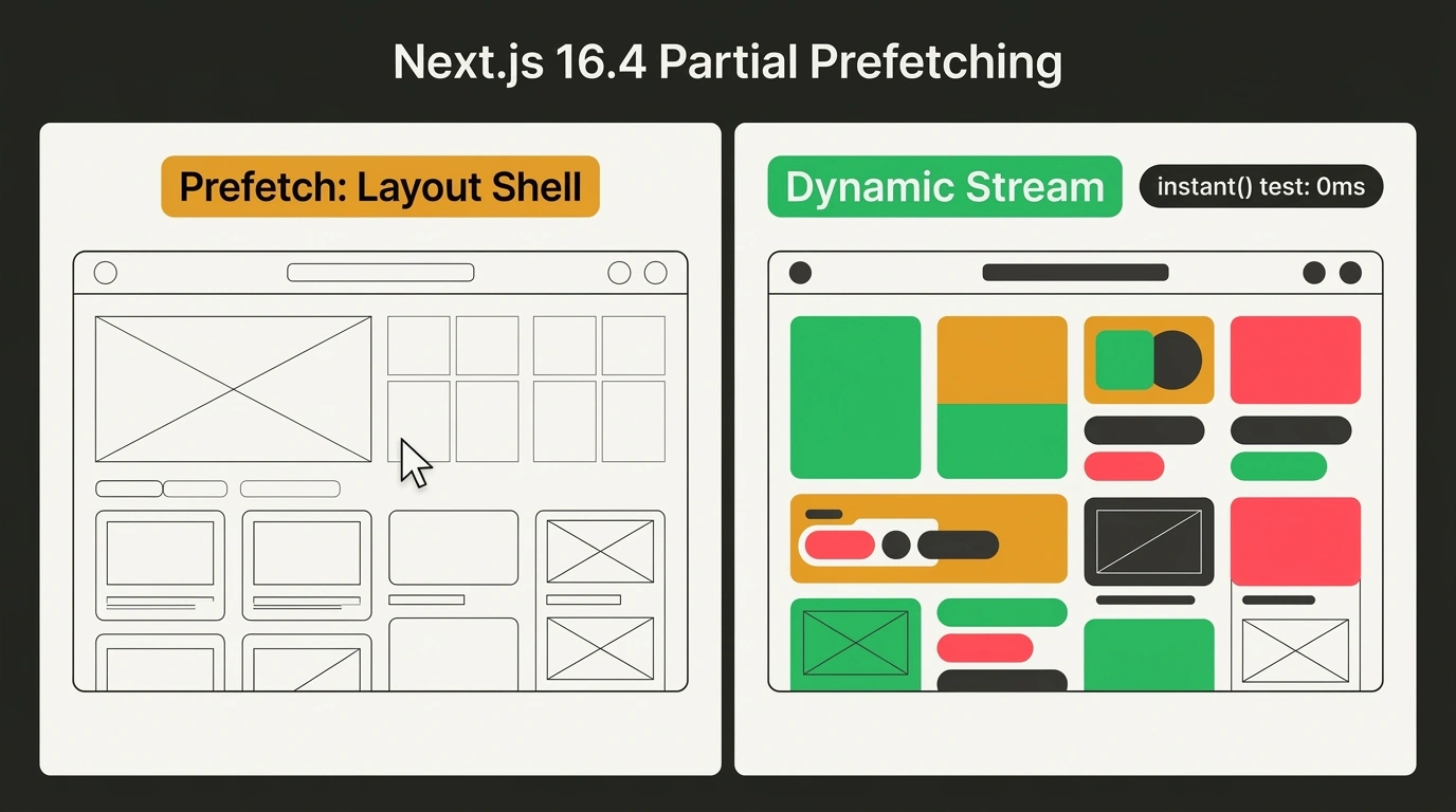 Современная векторная инфографика двухфазной модели Partial Prefetching в Next.js 16.4 с разделением статического каркаса и динамического стриминга.