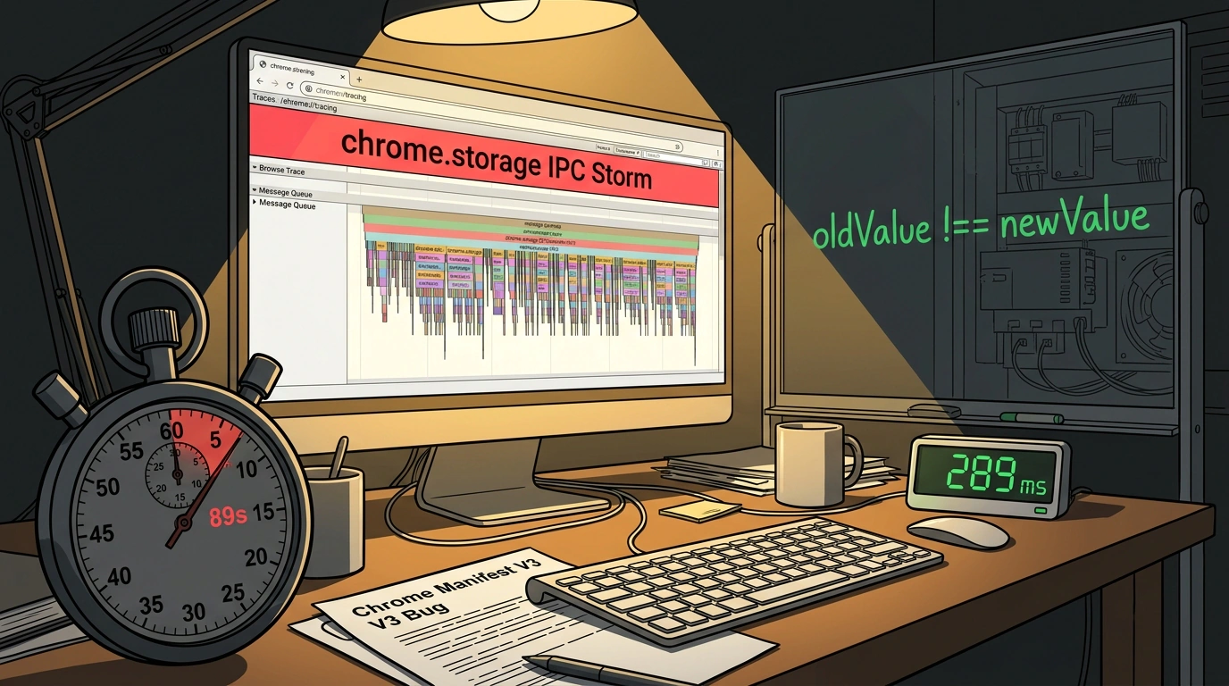 Графическая сцена детективного расследования бага в Chrome с секундомером аномалии 89s, заблокированной очередью IPC и ускорением до 289ms.