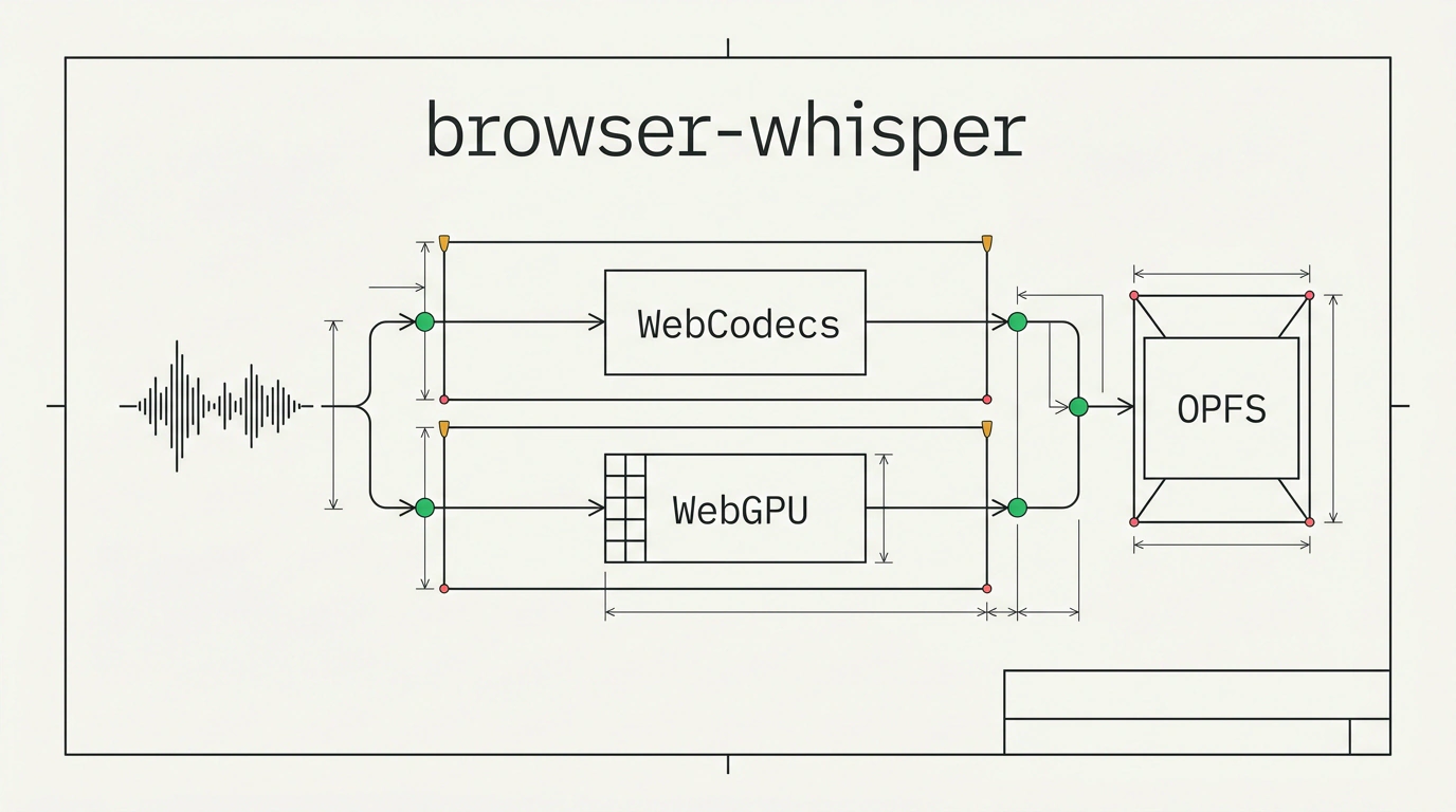 Инфографический чертёж конвейера browser-whisper с разделением звука и матричных вычислений