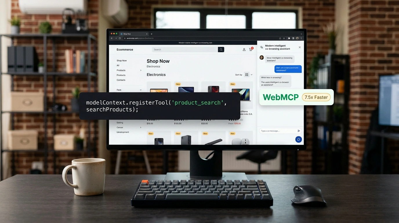 Рабочее место с открытым браузером и типизированными нативными вызовами WebMCP