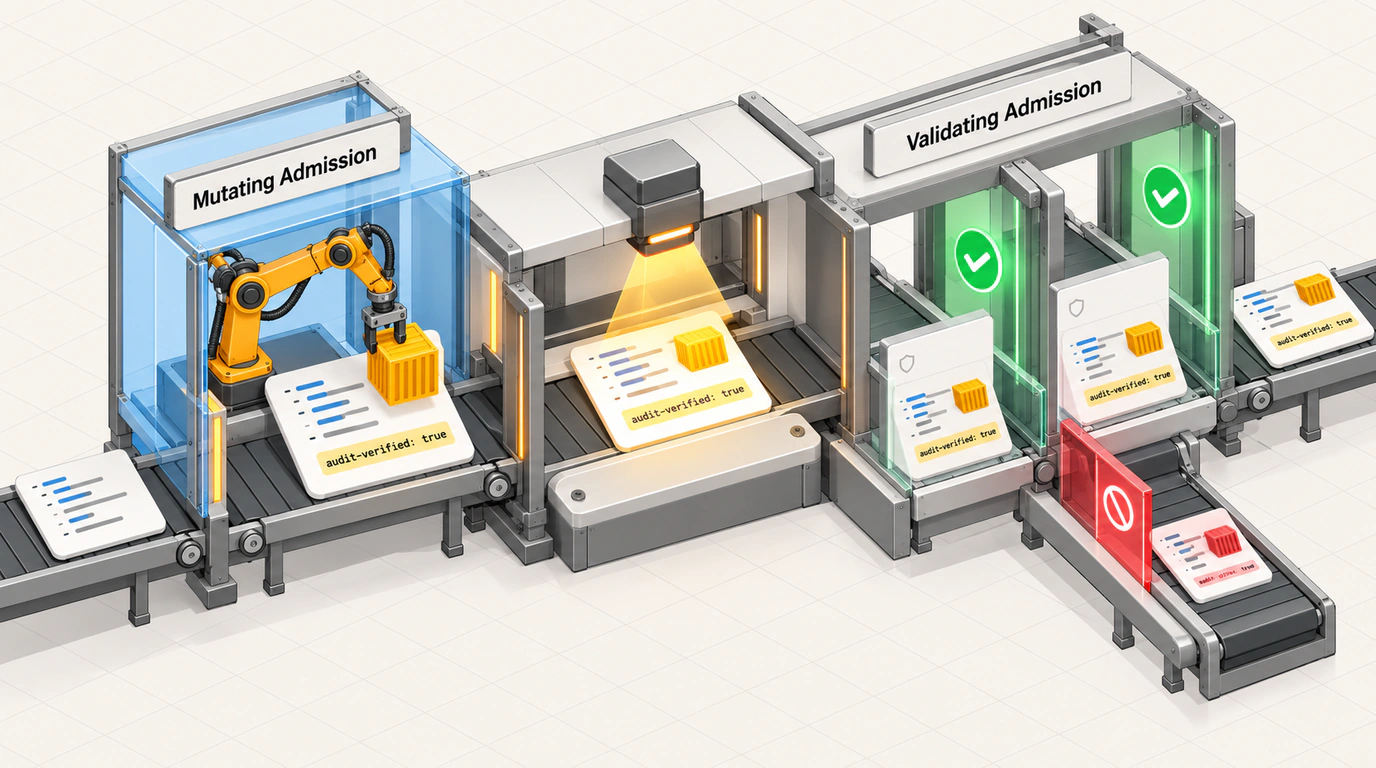 Схема работы Admission Webhook в Kubernetes: последовательная модификация манифеста мутирующим вебхуком и параллельная проверка политик валидирующим вебхуком.