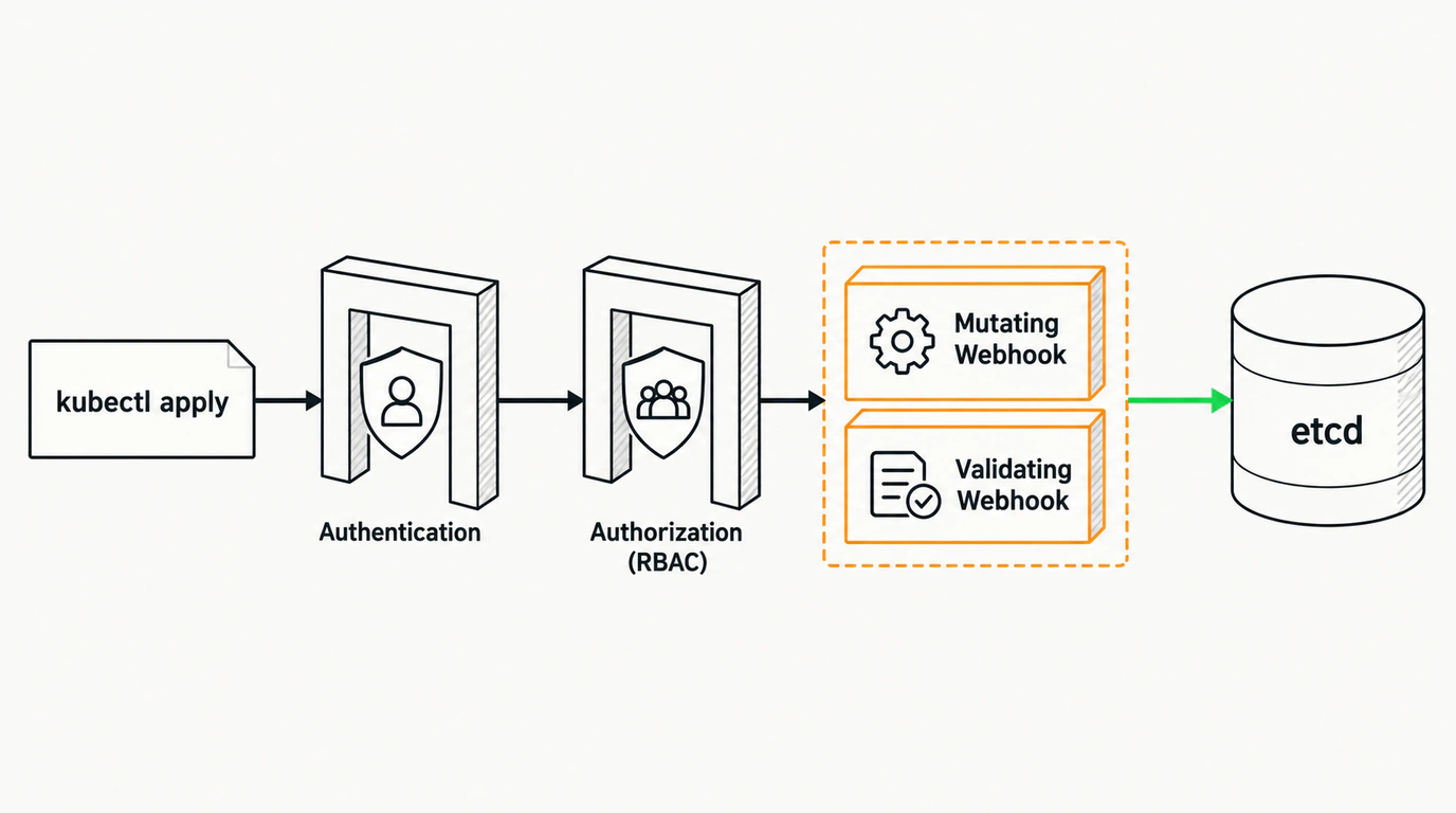 Схема-чертеж конвейера обработки запроса kubectl в Kubernetes API server с фазами аутентификации, авторизации и admission-контроллеров перед записью в etcd.