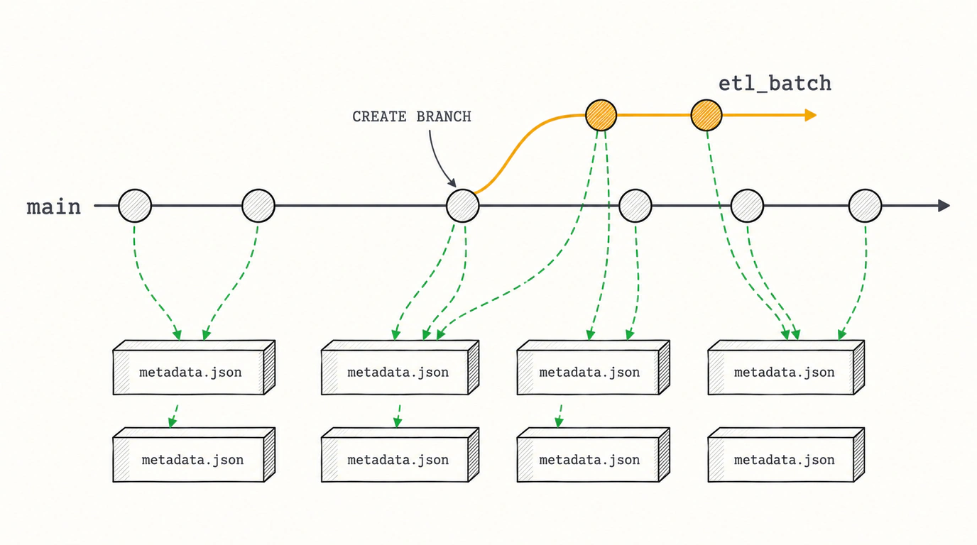 Схема Zero-Copy ветвления в Apache Nessie: изолированная ветка с новыми коммитами ссылается на общие файлы данных в объектном хранилище без дублирования.