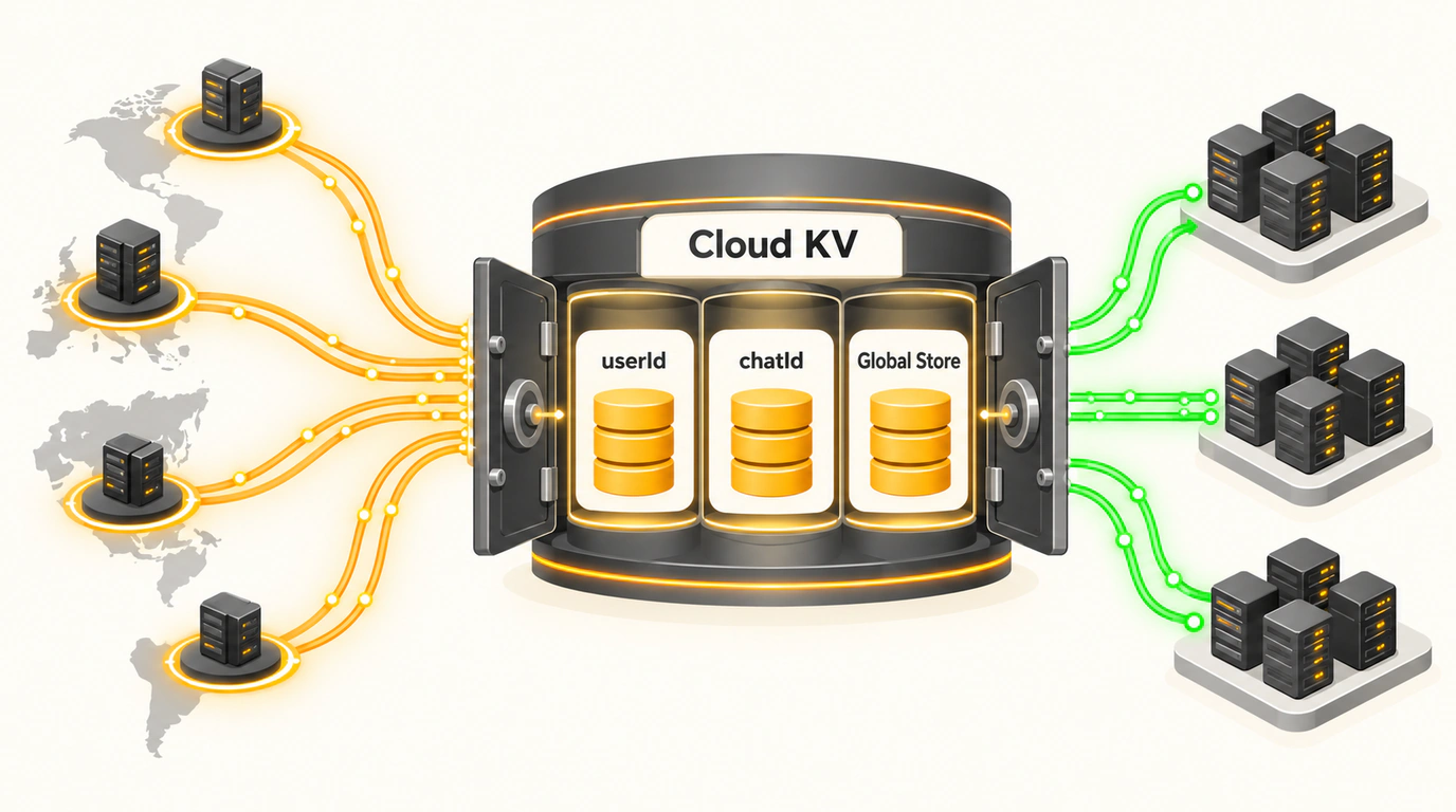 Инфографическая схема распределенной базы данных Cloud KV в Telegram: контекстная изоляция данных по пользователям и чатам в глобальной сети дата-центров.