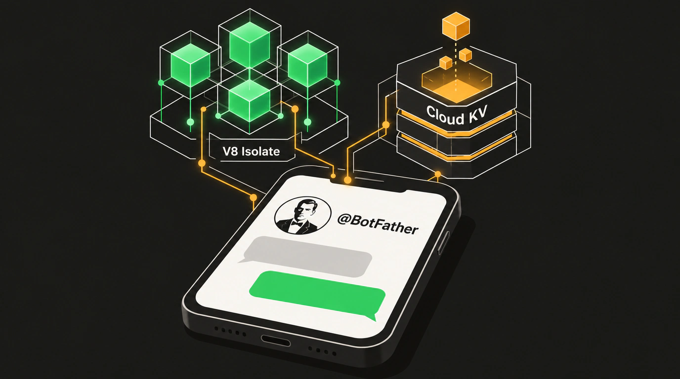 Графическая журнальная иллюстрация смартфона с интерфейсом BotFather, разворачивающим изолированные бессерверные контейнеры V8 и базу данных Cloud KV.