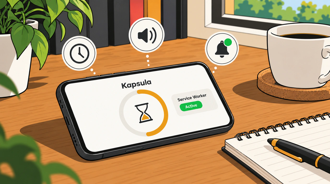 Графическая иллюстрация в стиле комикса Ligne Claire со смартфоном, выполняющим фоновый веб-таймер Kapsula с иконками звука и уведомлений.