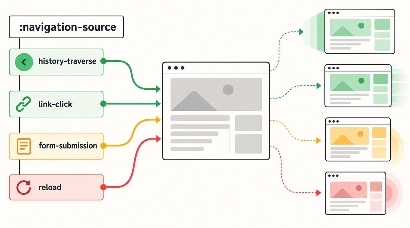 Инфографика селекторов CSS псевдокласса :navigation-source: адаптивная стилизация веб-страницы в зависимости от источника перехода пользователя.