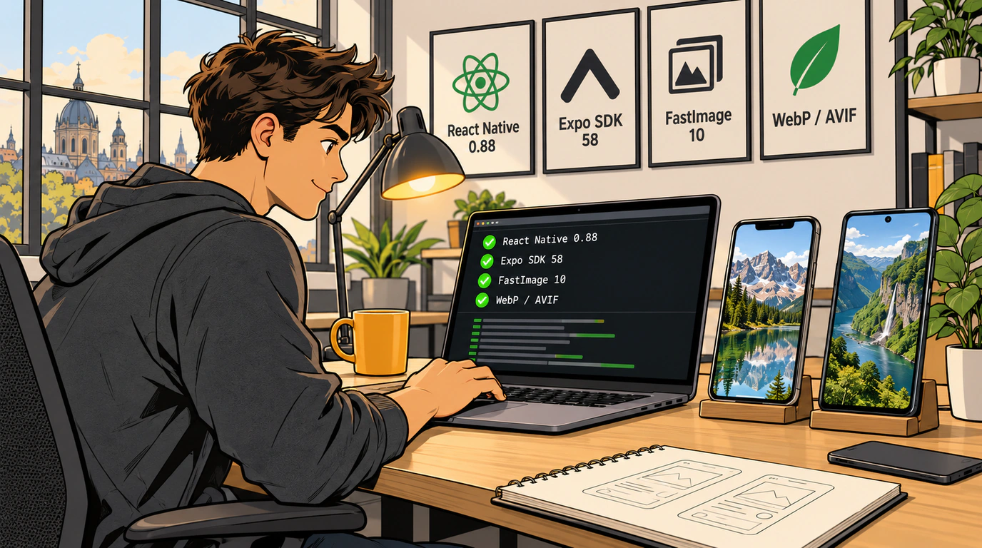 Европейский комикс BD: мобильный разработчик тестирует сборку React Native 0.88 и Expo SDK 58 с аппаратным рендерингом FastImage на смартфонах.
