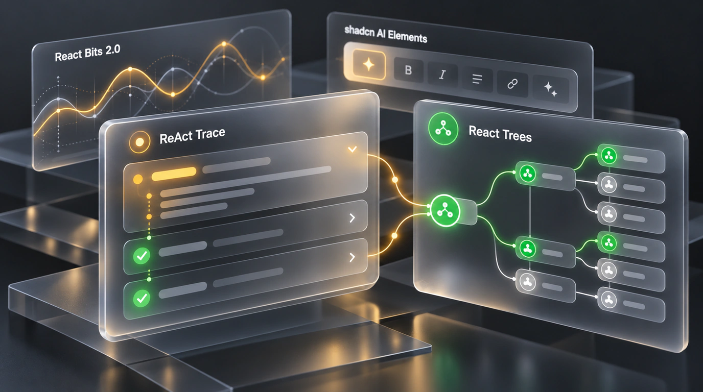 Цифровой UI-натюрморт с эффектом матового стекла: интерфейсные компоненты shadcn AI Elements для вывода мыслей нейросети и иерархическое дерево React Trees.