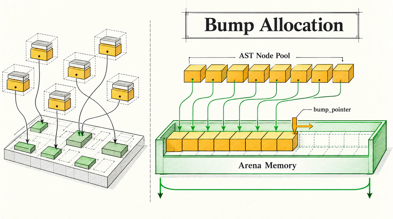 Инженерная схема аренной аллокации памяти Bump Allocation в компиляторе tsrs на Rust: последовательное заполнение арены AST-узлами с мгновенной очисткой.