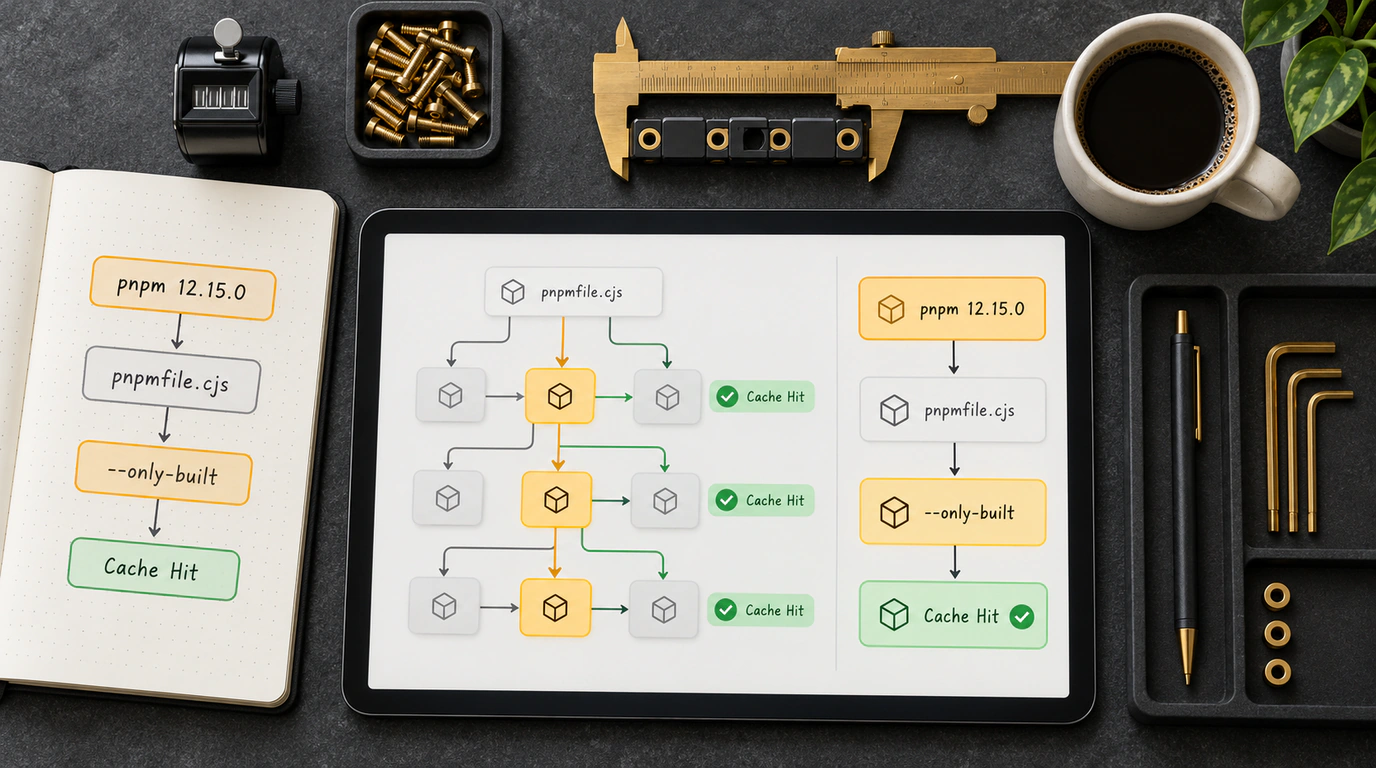 Кинематографичный вид сверху Flat Lay: рабочий стол DevOps-инженера с монорепозиторием pnpm 12.15.0, флагом --only-built и гранулярным кэшем.
