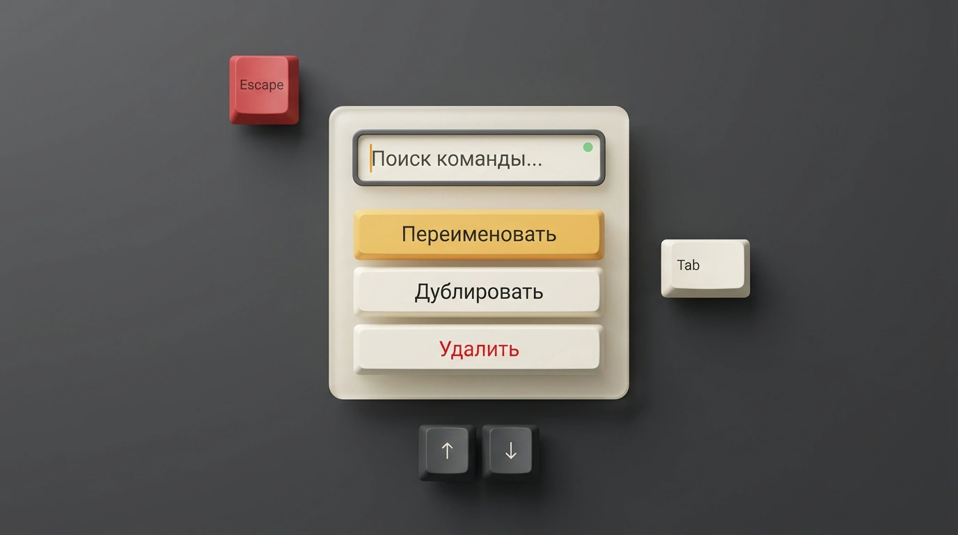 Трехмерная композиция интерфейса выпадающего диалогового меню Base UI со строкой поиска, списком команд и парящими клавишами навигации.