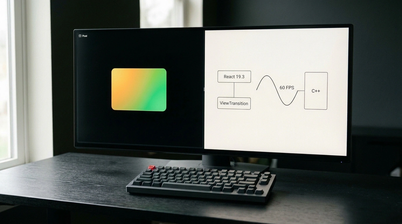 Рабочий стол инженера с терминальным интерфейсом Pixel, графиком анимации View Transitions и C++ модулем Tamagui.