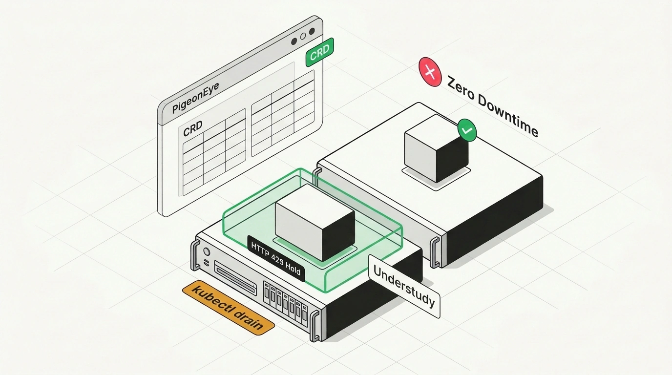 Изометрическая сцена защиты пода в кластере Kubernetes оператором Understudy и панель управления PigeonEye.