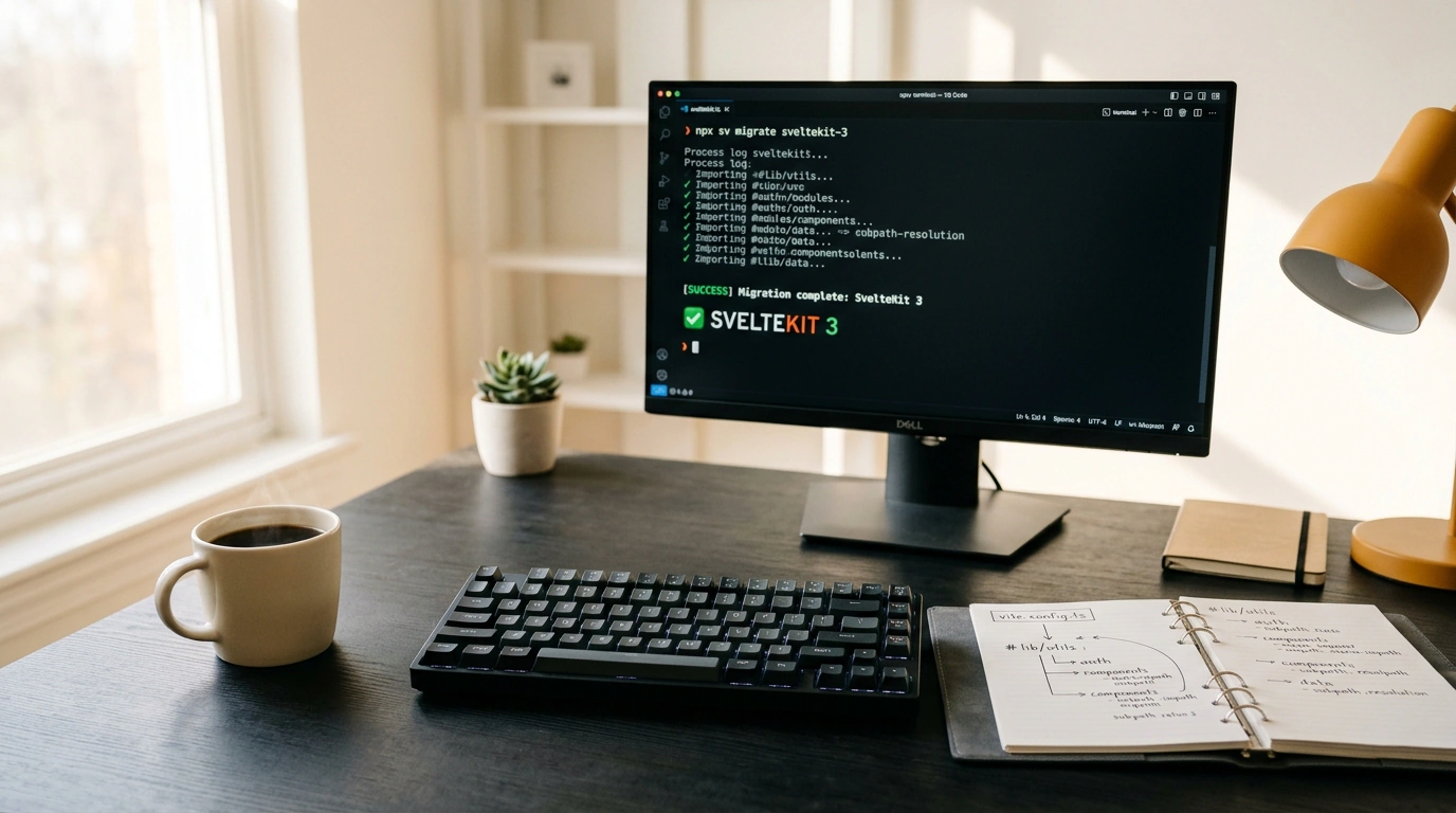 Аккуратный студийный натюрморт инструментов веб-разработчика с экраном миграции на SvelteKit 3 и CLI sv 1.0.