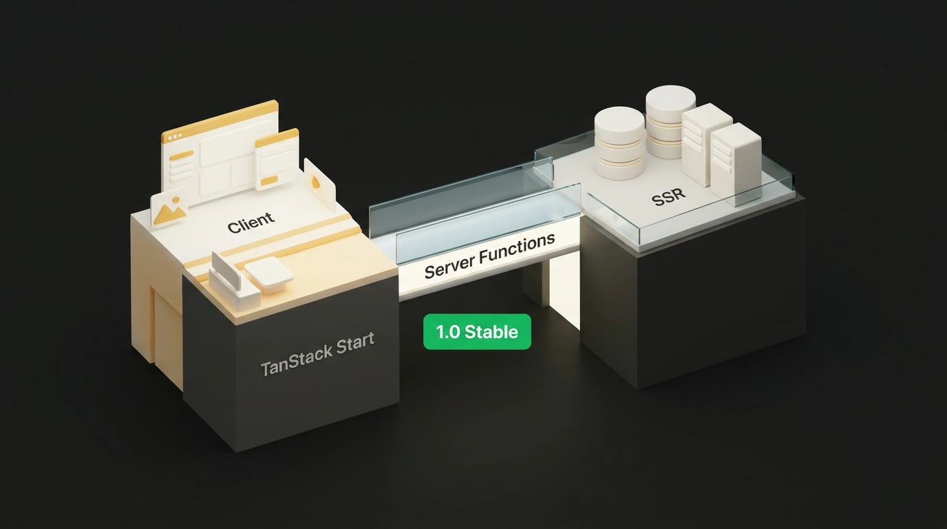 Чистая минималистичная 3D-композиция полнофункционального фреймворка TanStack Start 1.0 с безопасным мостом Server Functions.