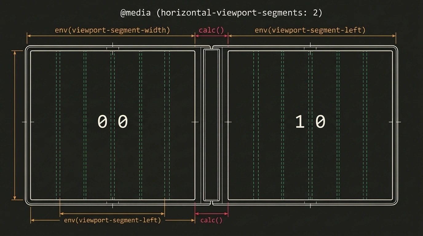 Техническая схема двухэкранной координатной сетки Viewport Segments API для Safari 27.1 с переменными env() и зазором под петлю.
