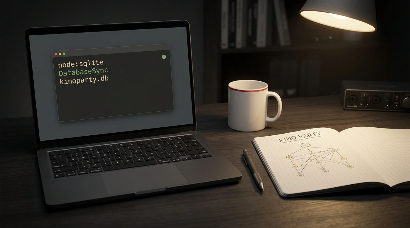 Рабочий стол инженера с матовым ноутбуком, открытым кодом node:sqlite на экране и блокнотом со схемой инвертированного индекса.