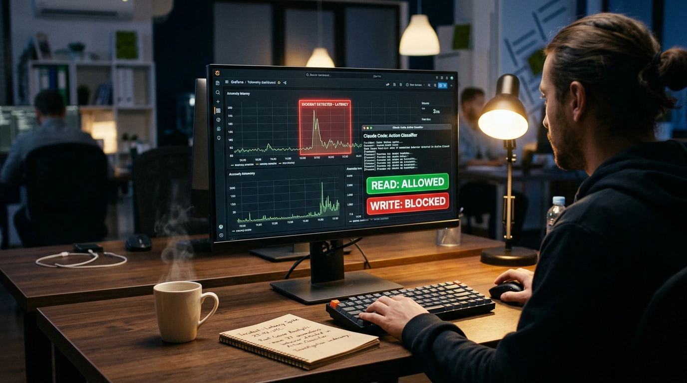 Рабочее место инженера надёжности Anthropic в момент анализа графика аномалий и классификации действий агента Claude.