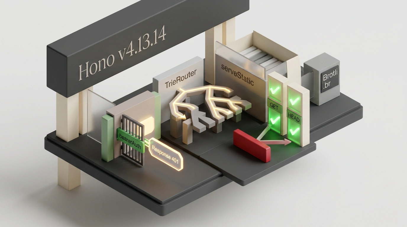 Изометрическая модульная модель роутера Hono v4.13.14 с безопасной авторизацией Bearer и фильтром статических методов.