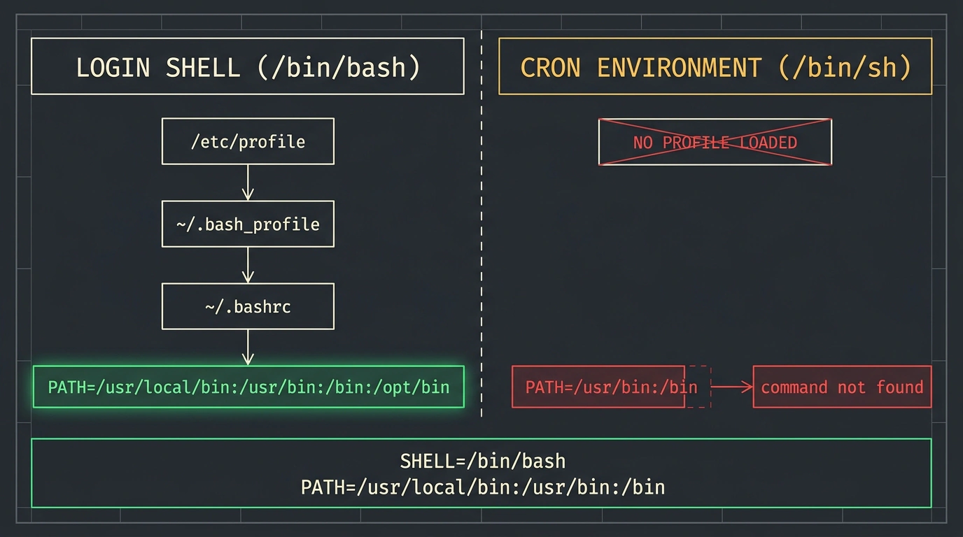 Инженерная инфографическая схема Blueprint, сопоставляющая интерактивную пользовательскую оболочку bash и изолированную среду cron с урезанным PATH.