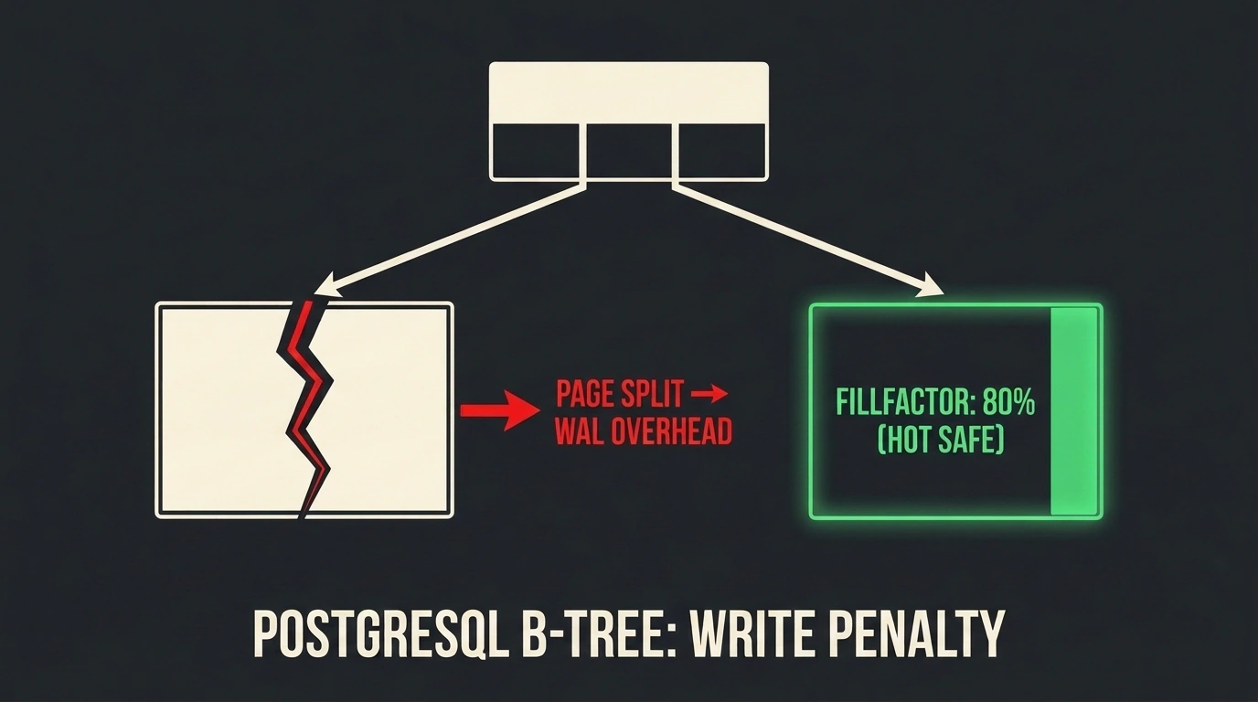 Графическая схема анатомии B-Tree индекса в PostgreSQL, демонстрирующая сплит 8-килобайтной страницы и оптимизацию fillfactor.