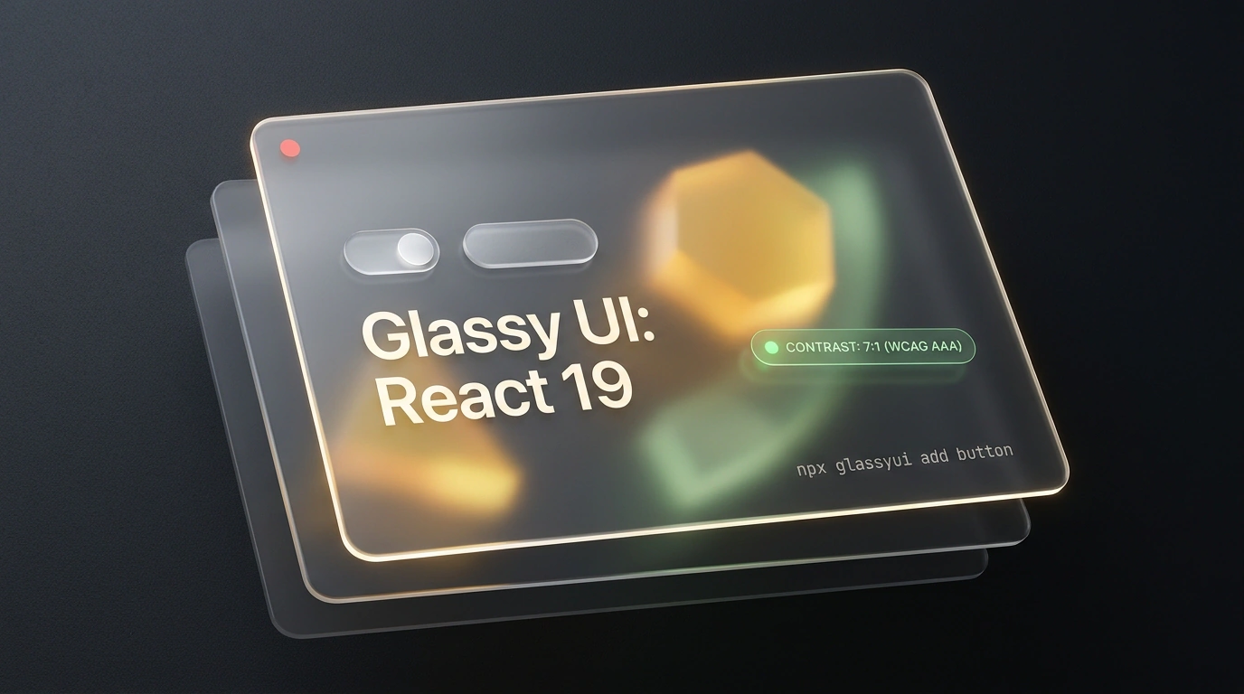 Многослойная оптическая 3D-композиция матового стекла компонентов Glassy UI для React 19 с гарантией контрастности WCAG 7 к 1.