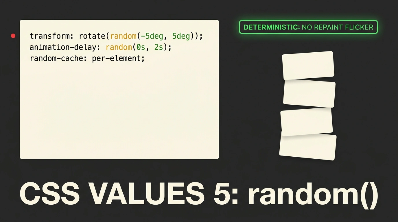 Плакатная графика веб-интерфейса, демонстрирующая нативную функцию CSS random() с параметрами диапазона и ключом кэширования per-element.