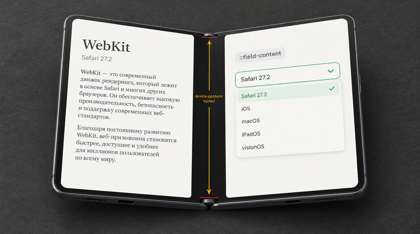 Фотореалистичный 3D-рендер складного смартфона-книжки с интерфейсом, адаптирующимся к сгибу экрана и стилизованным селектом Safari.