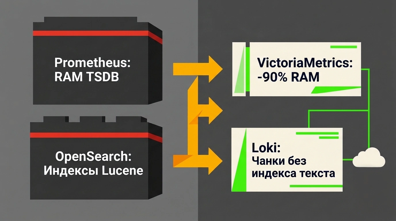 Современная журнальная векторная графика с сопоставлением тяжелых монолитных хранилищ Prometheus и OpenSearch с компактными VictoriaMetrics и Loki.