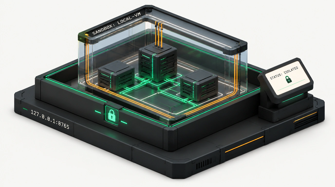Архитектурная изометрическая схема локального контура OpenMausBot с прозрачной защитной капсулой песочницы на графитовой платформе.