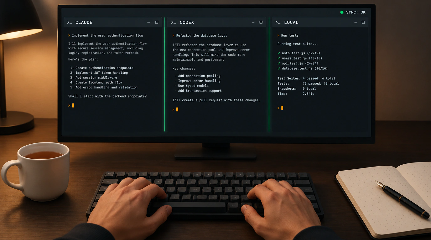 Кинематографичный вид от первого лица на три терминальных потока агентов codeg в едином окне на столе инженера.