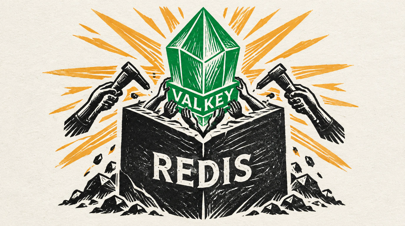 Концептуальная линогравюра с расколом монолитного куба Redis и рождением независимого открытого кристалла Valkey.