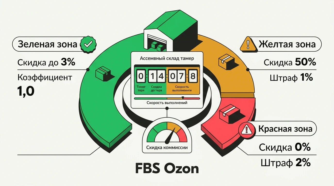 Схема обновленной модели FBS Ozon: зависимость базовой скидки от скорости подготовки заказов и штрафные зоны индекса ошибок