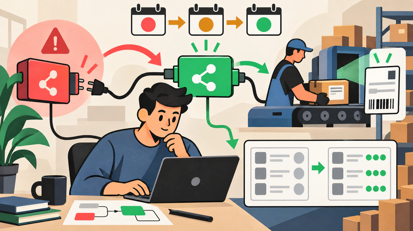 Редакционная иллюстрация: разработчик обновляет связку API, а справа на конвейере сканируют посылку с новой этикеткой; схема внизу показывает переход к новой структуре списка.