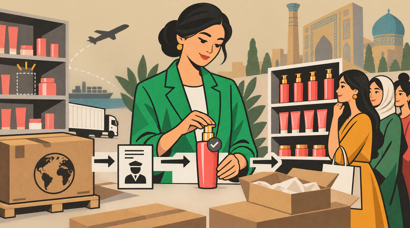 Иллюстрация выхода косметического бренда на Uzum Market: поставка проходит через импорт и проверку, а покупатели выбирают товар с отметкой подлинности.