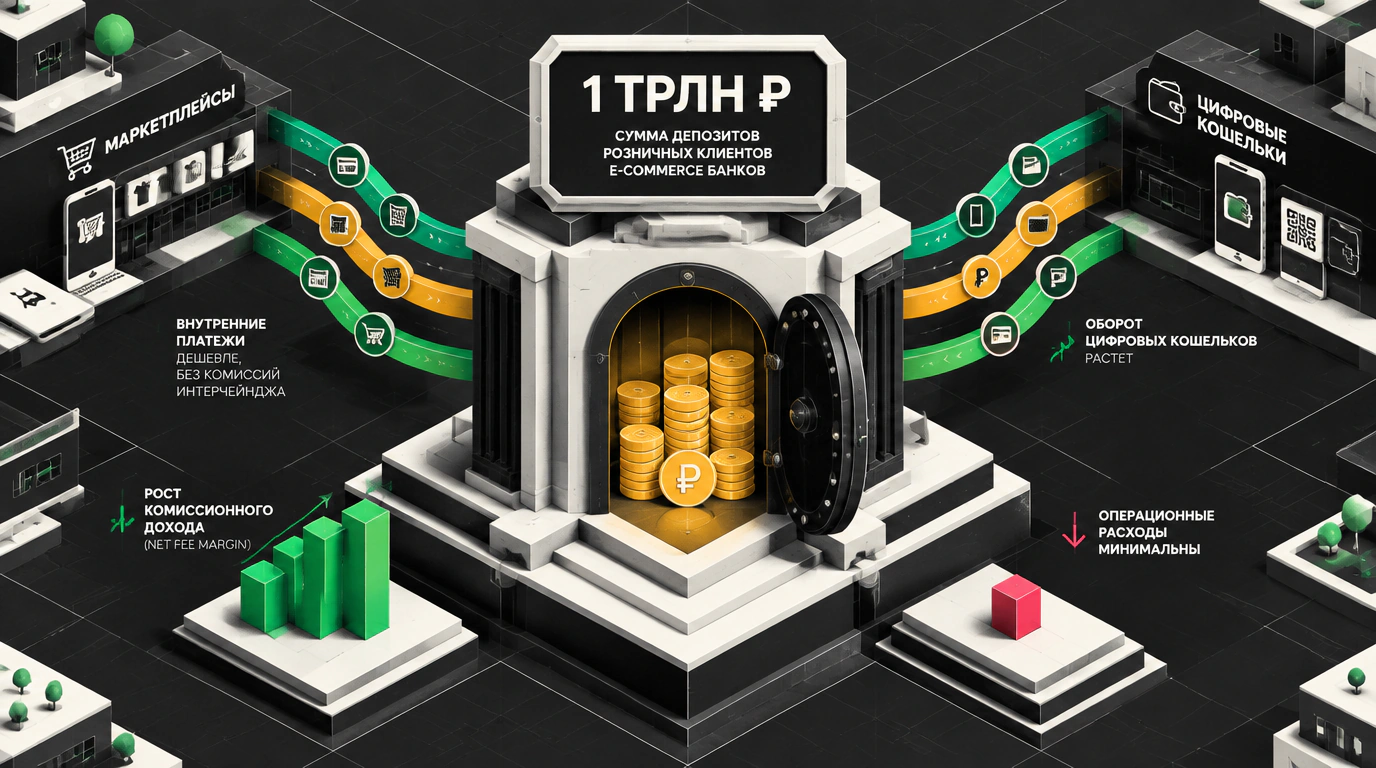 Концептуальная иллюстрация роста финтеха маркетплейсов с триллионным объемом депозитов и собственным платежным шлюзом