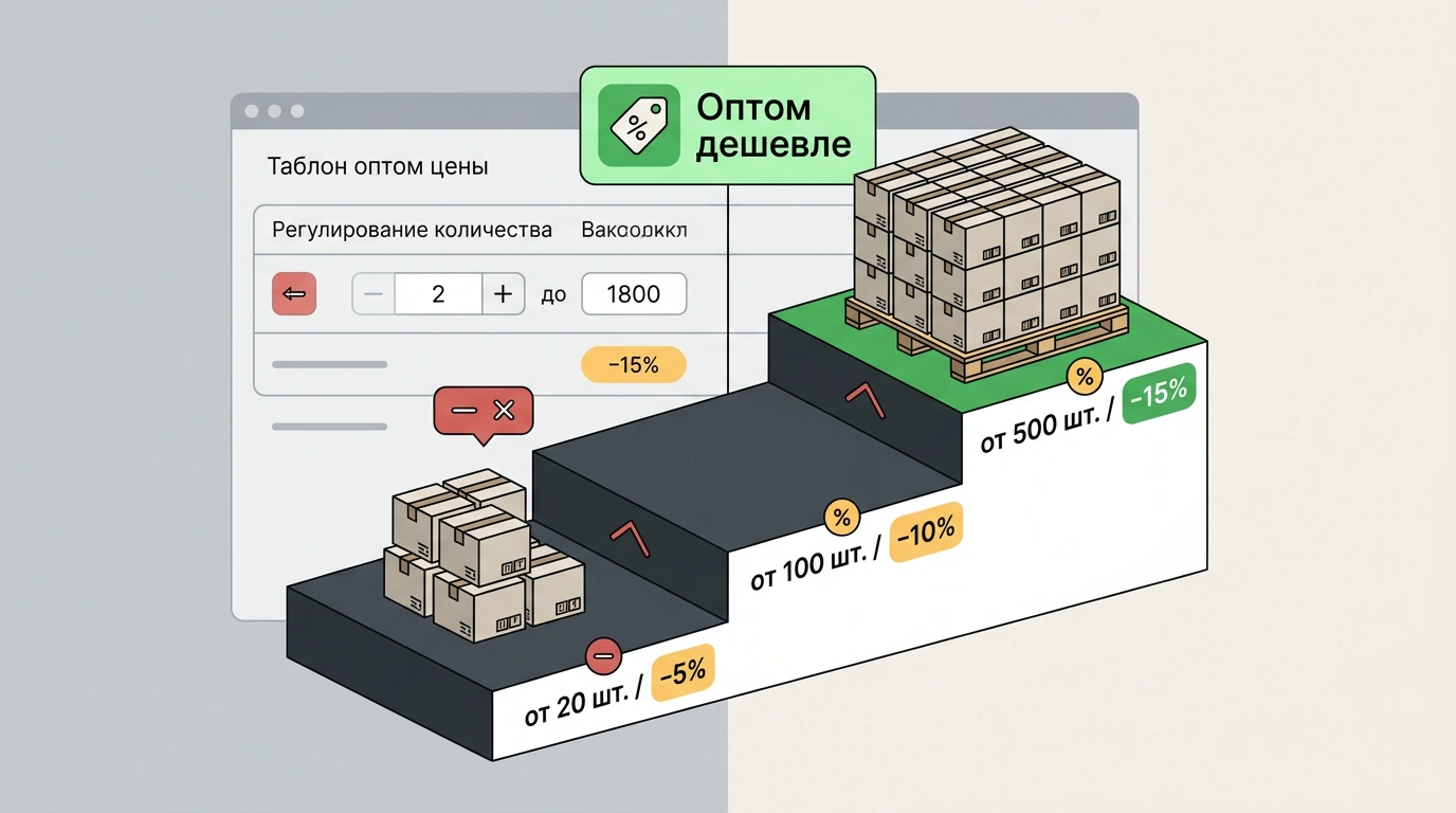 Инфографическая иллюстрация настройки трехуровневой лесенки оптовых скидок и квантов партий на Wildberries с бейджем «Оптом дешевле».