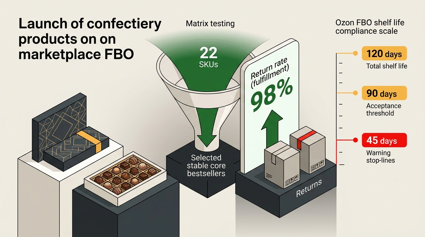 Редакционная иллюстрация продуктового запуска шоколадных конфет на Ozon: тестирование товарной матрицы, высокий выкуп и складская шкала годности FBO.