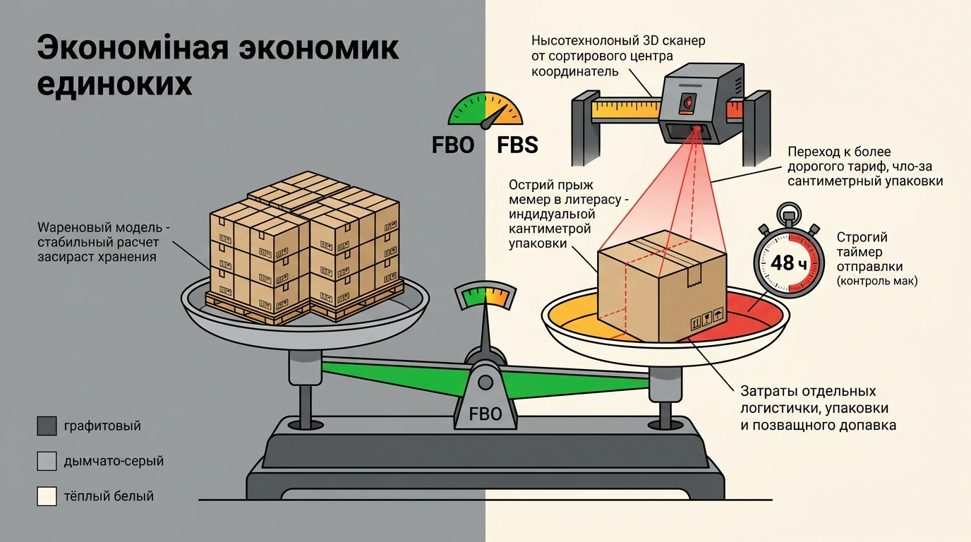 Редакционная иллюстрация сравнения юнит-экономики FBO и FBS: весы прибыльности, лазерный 3D-сканер габаритов и таймер отгрузки заказов.