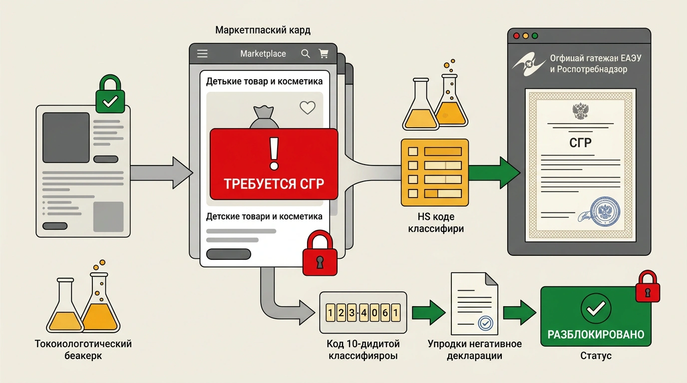 Редакционная иллюстрация блокировки карточек из-за СГР на маркетплейсах: проверка кода ТН ВЭД, шлюз реестра ЕЭК и снятие красной плашки ошибки.