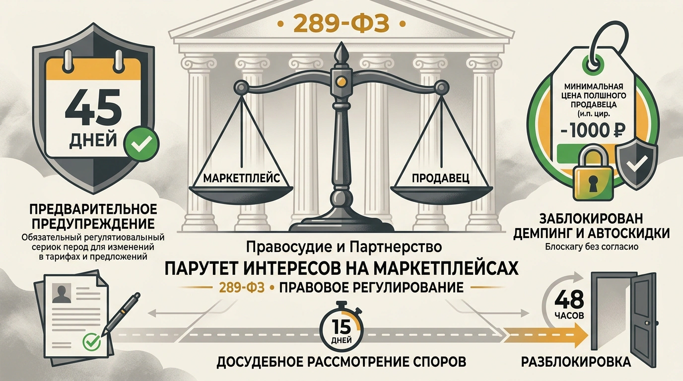 Редакционная иллюстрация вступления в силу закона № 289-ФЗ о платформенной экономике: баланс прав маркетплейсов и продавцов, защита цен и буфер уведомления 45 дней.