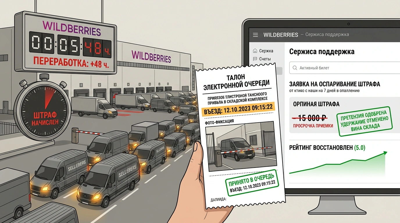 Редакционная иллюстрация регламента Wildberries по штрафам FBS: очередь грузовиков перед складом, талон электронной очереди со временем въезда и отмена удержаний.