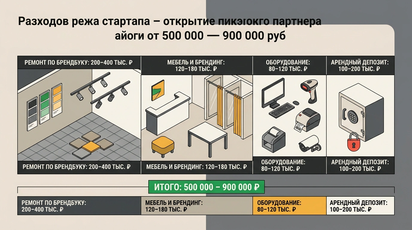 Детализированная инфографика структуры стартовой сметы на открытие партнерского ПВЗ Wildberries от 500 до 900 тысяч рублей по ключевым статьям затрат.