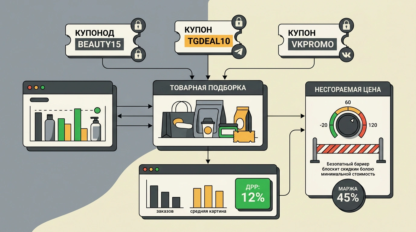 Концептуальная иллюстрация создания постоянных товарных подборок со скрытыми промокодами и сквозной аналитикой каналов на Яндекс Маркете.