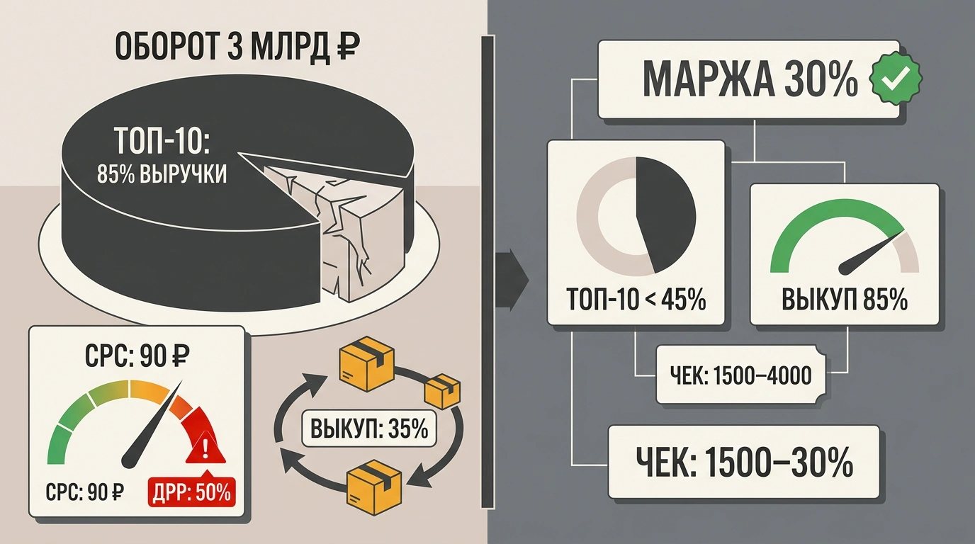 Концептуальная иллюстрация рыночной ловушки перегретых ниш с монополией гигантов, рекламным аукционом и критериями здоровой товарной категории.